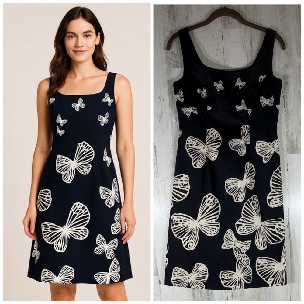 Talbots Petite Shift Dress Size 4 Black Cream Butterfly Square Neck Sleeveless